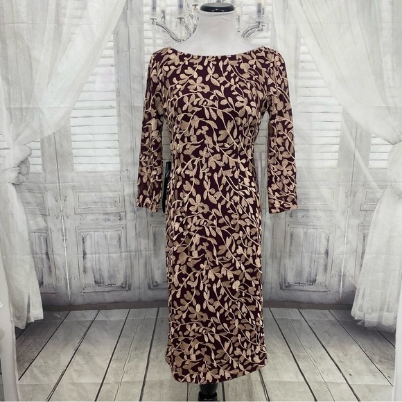 JS Collections Size 6 Maroon Purple Embroidered Fitted 3/4 Sleeve Sheath Dress - Picture 3 of 14